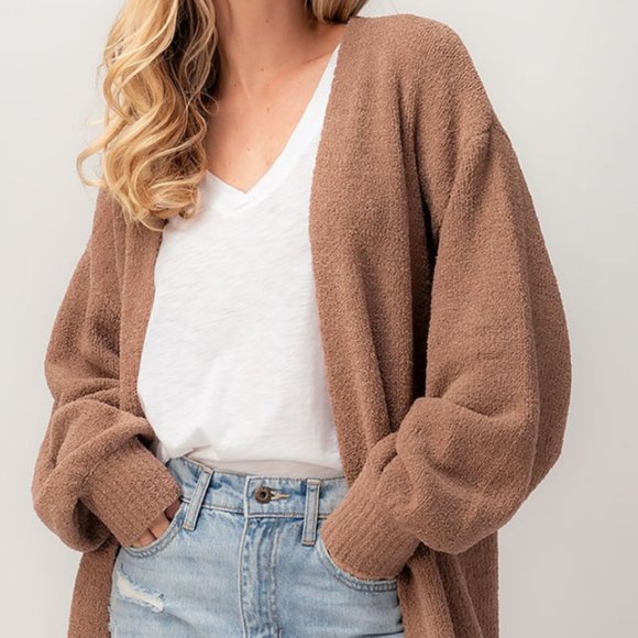 NEW Ultra Soft Bishop Sleeves Long Open Cozy Plush Sweater Cardigan Coco Brown - Picture 9 of 11